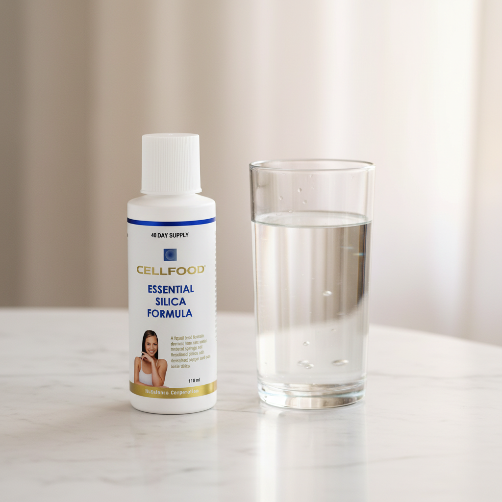 Cellfood Essential Silica — Lifestyle, Bottle with Glass of Water