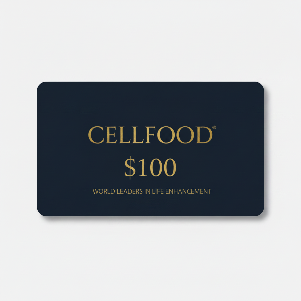 Cellfood Digital Gift Card — $100 value, dark navy with gold text
