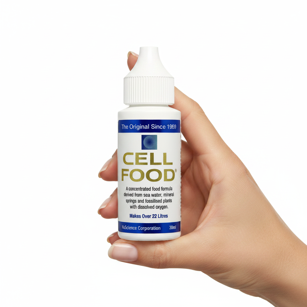 Cellfood Original Concentrate 30ml bottle held in hand showing compact size