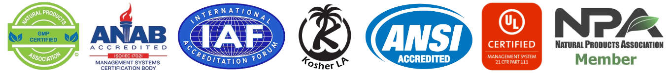 Logos of various accreditation and certification bodies including ANAB, IAF, KOSHER LP, ANSI, and NPA.