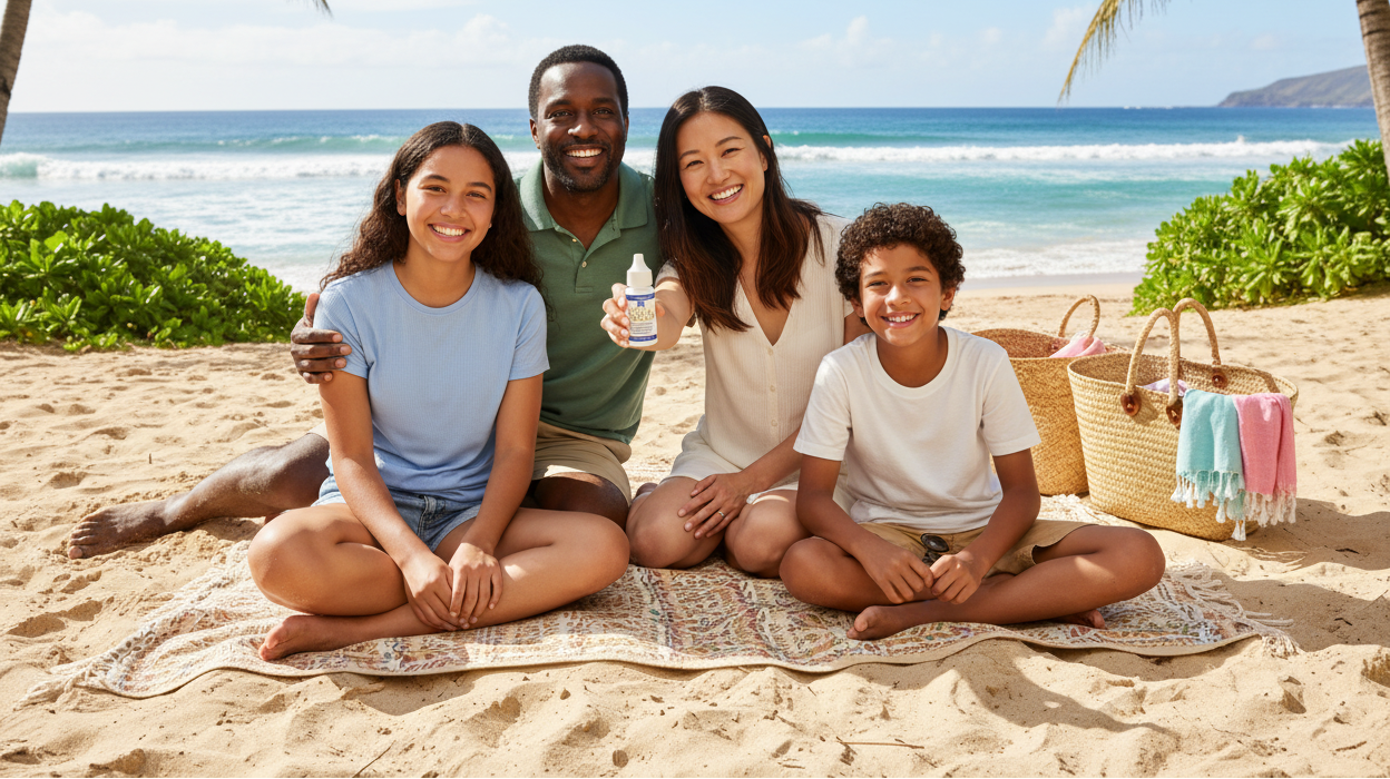 Diverse family on beach with Cellfood