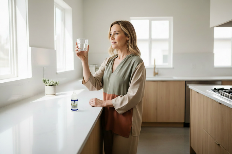 A woman in a bright kitchen holding a glass of water, with a Cellfood Original Concentrate bottle on the bench beside her.
